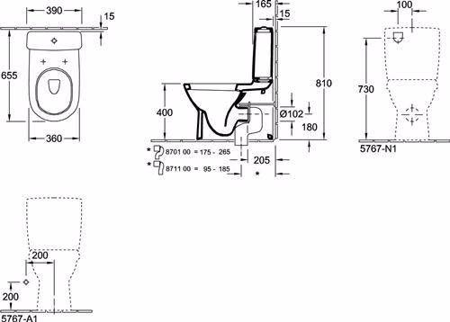 Technische Zeichnung 4042036 VILLEROY & BOCH Tiefspül-WC für Kombination O.novo 360x640mm Oval Weiß Alpin