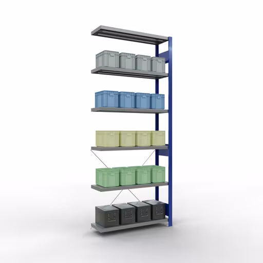 Image du produit n° 12 de l'article Rayonnage complémentaire, rayonnage à étagères, système enfichable MULTIplus330, 2500 x 1000 x 300 mm (HxLxP), 6 étagères, traverse, RAL 5010 bleu gentiane/galvanisé Figure n° 12 de l'article étagère complémentaire, étagère à étagères, système enfichable MULTIplus330, 2500 x 1000 x 300 mm, 6 étagères, RAL 5010 bleu gentiane/galvanisé du groupe de produits système enfichable de la marque Schulte Lagertechnik