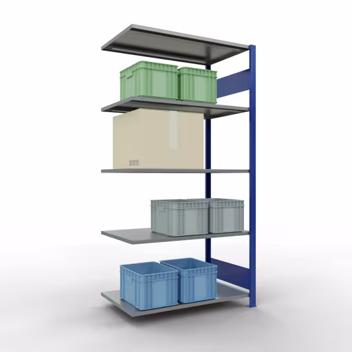 Rayonnage supplémentaire, étagère MULTIplus150, système enfichable, 2000 x 1000 x 600 mm (HxLxP), 5 tablettes, barres de longueur, RAL 5010 bleu gentiane/galvanisé avec le GTIN 4004514281081 Rayonnage supplémentaire, étagère, système enfichable MULTIplus150, 2000 x 1000 x 600 mm, 5 étagères, RAL 5010 bleu gentiane/galvanisé de Schulte Lagertechnik avec le numéro d'article. 12765-LR-B