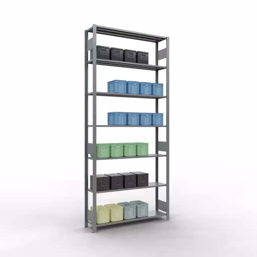 Immagine del prodotto n. 14 dell'articolo scaffale base, scaffale, sistema a innesto MULTIplus150, 3000 x 1300 x 300 mm (AxLxP), 7 ripiani, barre longitudinali, zincato dalla gamma di prodotti del sistema a innesto della marca Schulte Lagertechnik