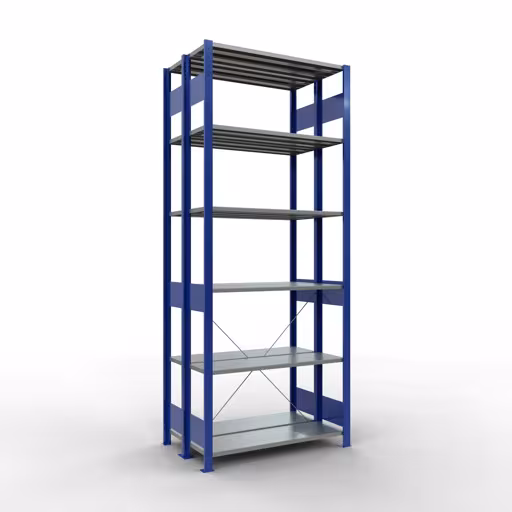 Scaffale base, scaffale doppio, sistema di scaffali MULTIplus150, 2500 x 1000 x (2x300) mm (AxLxP), 2x6 ripiani, traversa, RAL 5010 blu genziana della marca Schulte Lagertechnik dal programma scaffali