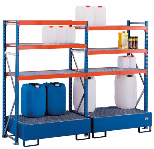W 100 Umweltregal-Set, Grundregal, 2000 x 1250 x 600 mm, blau/orange/verzinkt aus der Kategorie W100 für Fachlasten bis 1050kg mit der GTIN 4004514260659 W 100 Umweltregal-Set, Grundregal, 2000 x 1250 x 600 mm, blau/orange/verzinkt von der Marke Schulte Lagertechnik aus der Produktreihe Weitspannregale