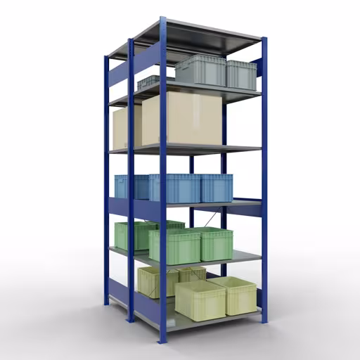 Scaffale base, scaffale doppio, sistema di scaffali MULTIplus150, 2500 x 1000 x (2x600) mm (AxLxP), 2x6 ripiani, traversa, RAL 5010 blu genziana della categoria scaffali doppi con GTIN 4004514293831 Scaffale base, scaffale doppio, sistema di scaffali MULTIplus150, 2500 x 1000 x (2x600) mm (AxLxP), 2x6 ripiani, traversa, RAL 5010 blu genziana della marca Schulte Lagertechnik dal programma scaffali