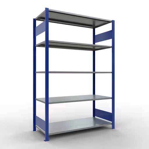 Scaffale base, scaffale, sistema a innesto MULTIplus150, 2000 x 1300 x 600 mm (AxLxP), 5 ripiani, barre longitudinali, RAL 5010 blu genziana/zincato di Schulte Lagertechnik Ripiano base, ripiano, sistema a innesto MULTIplus150, 2000 x 1300 x 600 mm (AxLxP), 5 ripiani, barra longitudinale, RAL 5010 blu genziana/zincato, ripiano base, articolo n. 12760-130-LR-B
