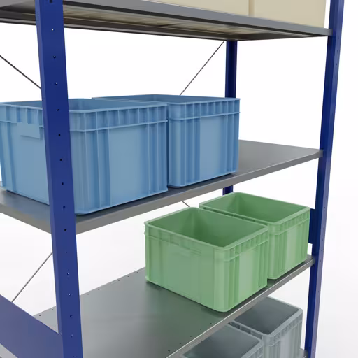 Un'altra vista dell'articolo scaffale base, scaffale, sistema a innesto MULTIplus150, 3000 x 1300 x 500 mm (AxLxP), 7 ripiani, traversa, RAL 5010 blu genziana/zincato dalla categoria Sistema a innesto