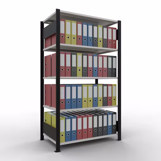 Figure n° 14 de l'article étagère de base, étagère de bureau, système enfichable MULTIplus150, 1800 x 1000 x 600 mm, 5 étagères, avec butée centrale, noir/gris clair du groupe de produits étagères de bureau de la marque Schulte Lagertechnik