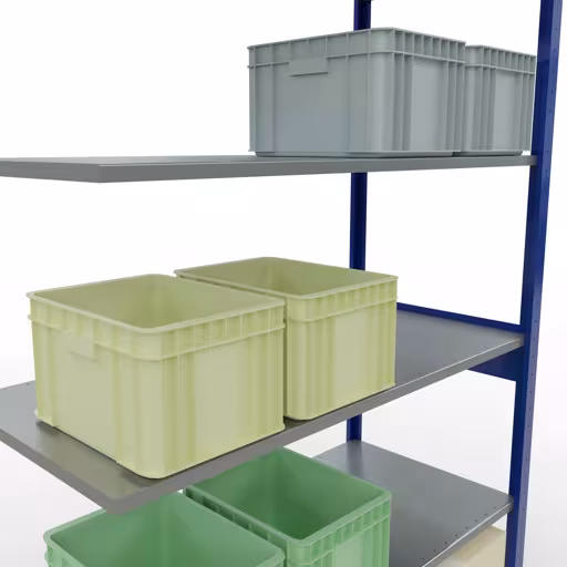 Image supplémentaire de l'article Rayonnage complémentaire, rayonnage à étagères, système enfichable MULTIplus150, 2500 x 1300 x 600 mm (HxLxP), 6 étagères, barres de longueur, RAL 5010 bleu gentiane/galvanisé Représentation supplémentaire de l'article Tablette supplémentaire, étagère, système enfichable MULTIplus150, 2500 x 1300 x 600 mm, 6 tablettes, RAL 5010 bleu gentiane/galvanisé à partir de la tablette supplémentaire