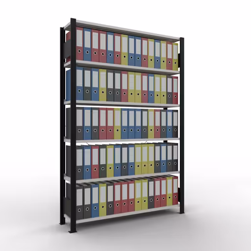 Étagère de base, étagère de bureau, système enfichable MULTIplus85, 2000 x 1300 x 300 mm (HxLxP), 6 étagères, noir/gris clair de Schulte Lagertechnik avec le numéro d'article. 36008-S