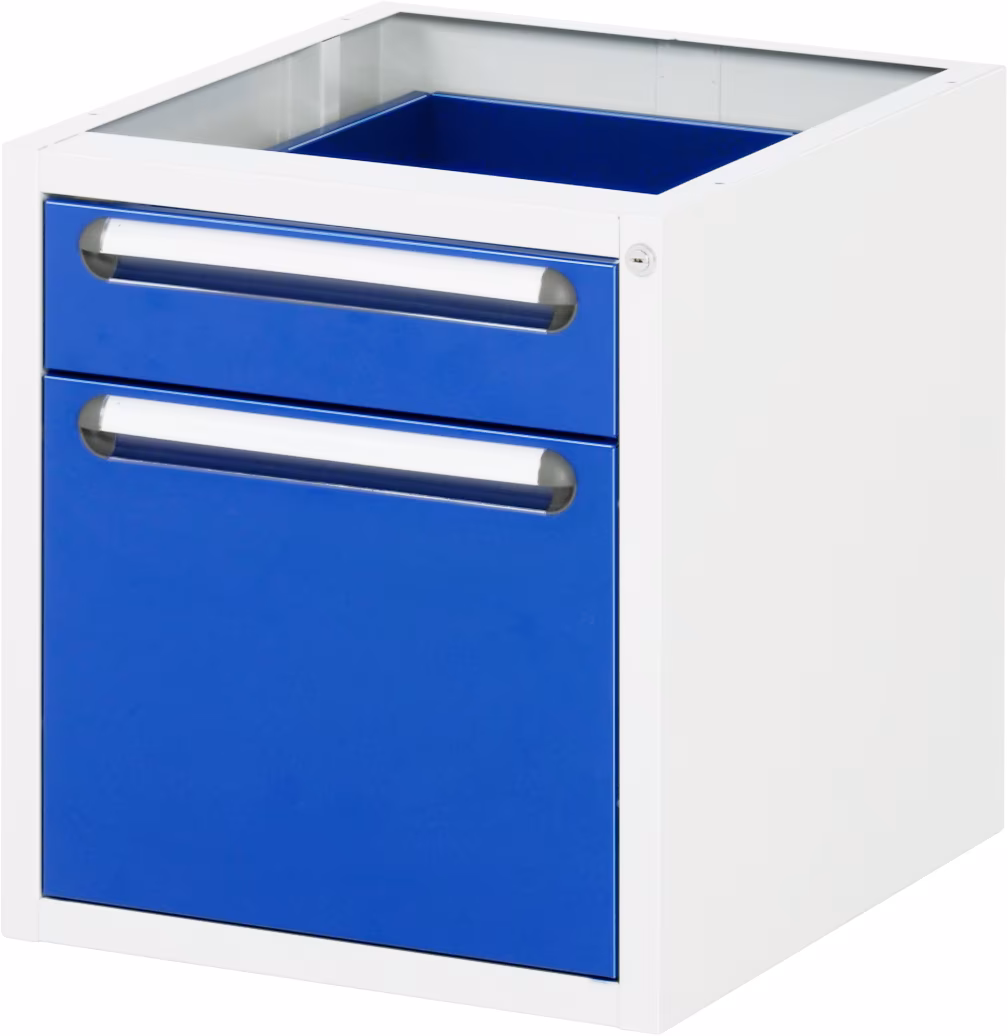 Contenitore sottopiano con 2 cassetti, L480xP600xA545mm, RAL7035/RAL5010 di Rau Contenitore sottobanco con cassetti della categoria Attrezzature per l'ufficio con il numero di articolo E-US-3-2A.11