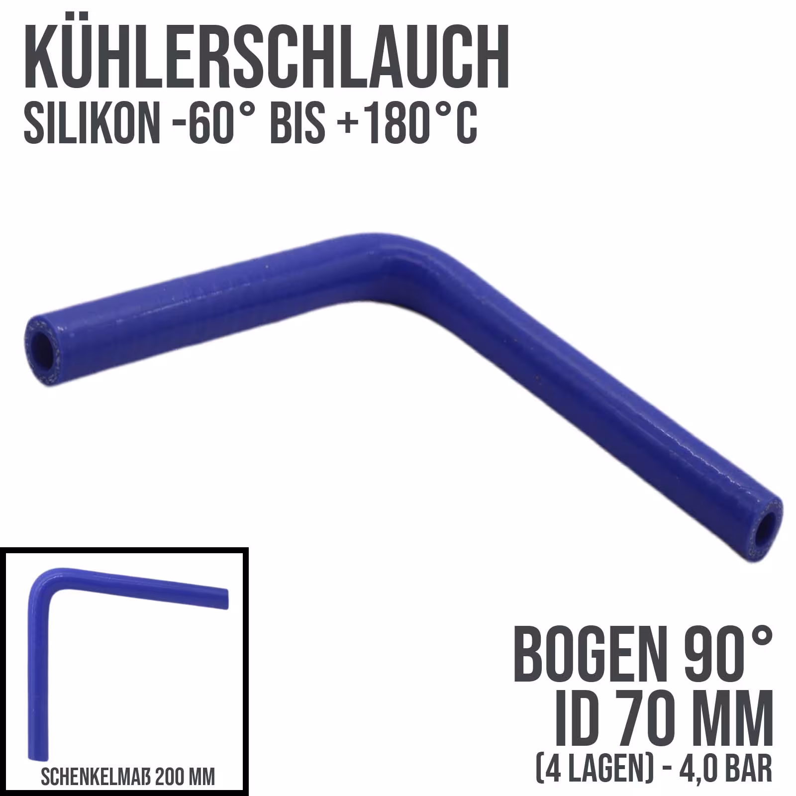 Tubo flessibile del radiatore 70 x 80 mm curva in silicone 90° LLK Tubo flessibile del liquido di raffreddamento dell'aria di sovralimentazione blu (4,0 bar) - 200 mm, tubi dell'acqua di raffreddamento, articolo n. KSB070-090-200GA