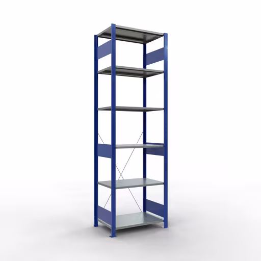 Représentation supplémentaire de l'article étagère de base, étagère, système enfichable MULTIplus150, 2500 x 750 x 500 mm, 6 étagères, traverse, RAL 5010 bleu gentiane/galvanisé/galvanisé à partir de l'étagère de base