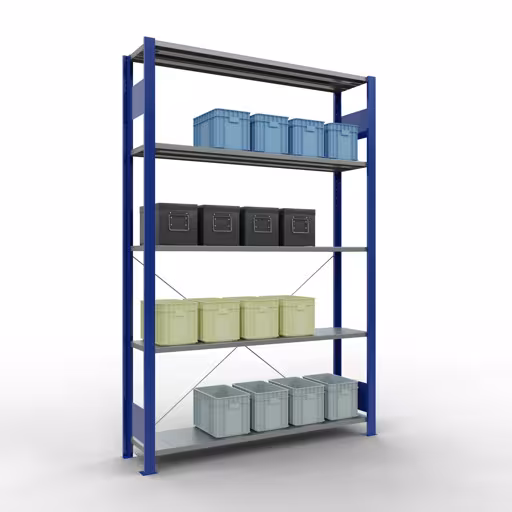 Image supplémentaire de l'article Étagère de base, étagère, système enfichable MULTIplus150, 2000 x 1300 x 300 mm (HxLxP), 5 étagères, traverse, RAL 5010 bleu gentiane/galvanisé Image supplémentaire de l'article Étagère de base, étagère, système enfichable MULTIplus150, 2000 x 1300 x 300 mm, 5 étagères, traverse, RAL 5010 bleu gentiane/galvanisé à partir de l'étagère de base