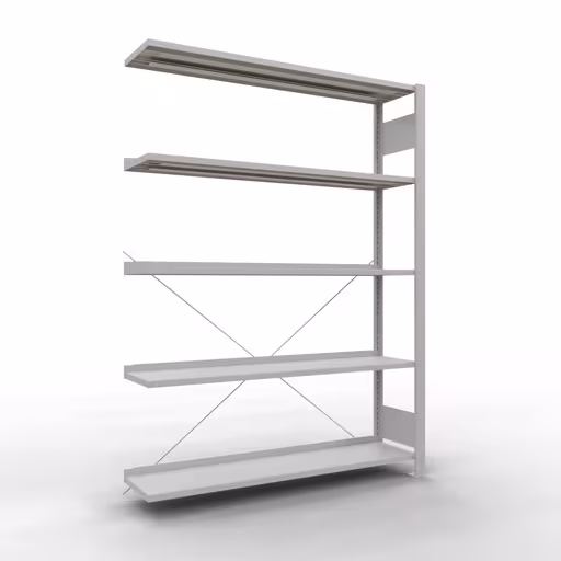 Scaffale aggiuntivo, scaffale per ufficio, sistema a innesto MULTIplus85, 1800 x 1300 x 300 mm (AxLxP), 5 ripiani, traversa, con barra di arresto, grigio chiaro di Schulte Lagertechnik Scaffale sovrapponibile, scaffale per ufficio, sistema a innesto MULTIplus85, 1800 x 1300 x 300 mm (AxLxP), 5 ripiani, traversa, con listello di arresto, grigio chiaro, sistema a innesto, articolo n. 36005