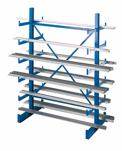 Étagère de base, kit de rayonnages cantilever K 1000, double face, 2000 x 1250 x 2x500, RAL 5010 bleu gentiane, K1000 pour produits légers, réf. 14490