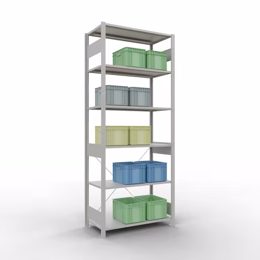 Étagère de base, étagère, système enfichable MULTIplus150, 2500 x 1000 x 500 mm, 6 étagères, traverse, RAL 7035 gris clair de la catégorie d'étagères de base avec le GTIN 4004514203748 Étagère de base, étagère, système enfichable MULTIplus150, 2500 x 1000 x 500 mm, 6 étagères, gris clair RAL 7035 de Schulte Lagertechnik de la gamme de produits du système enfichable