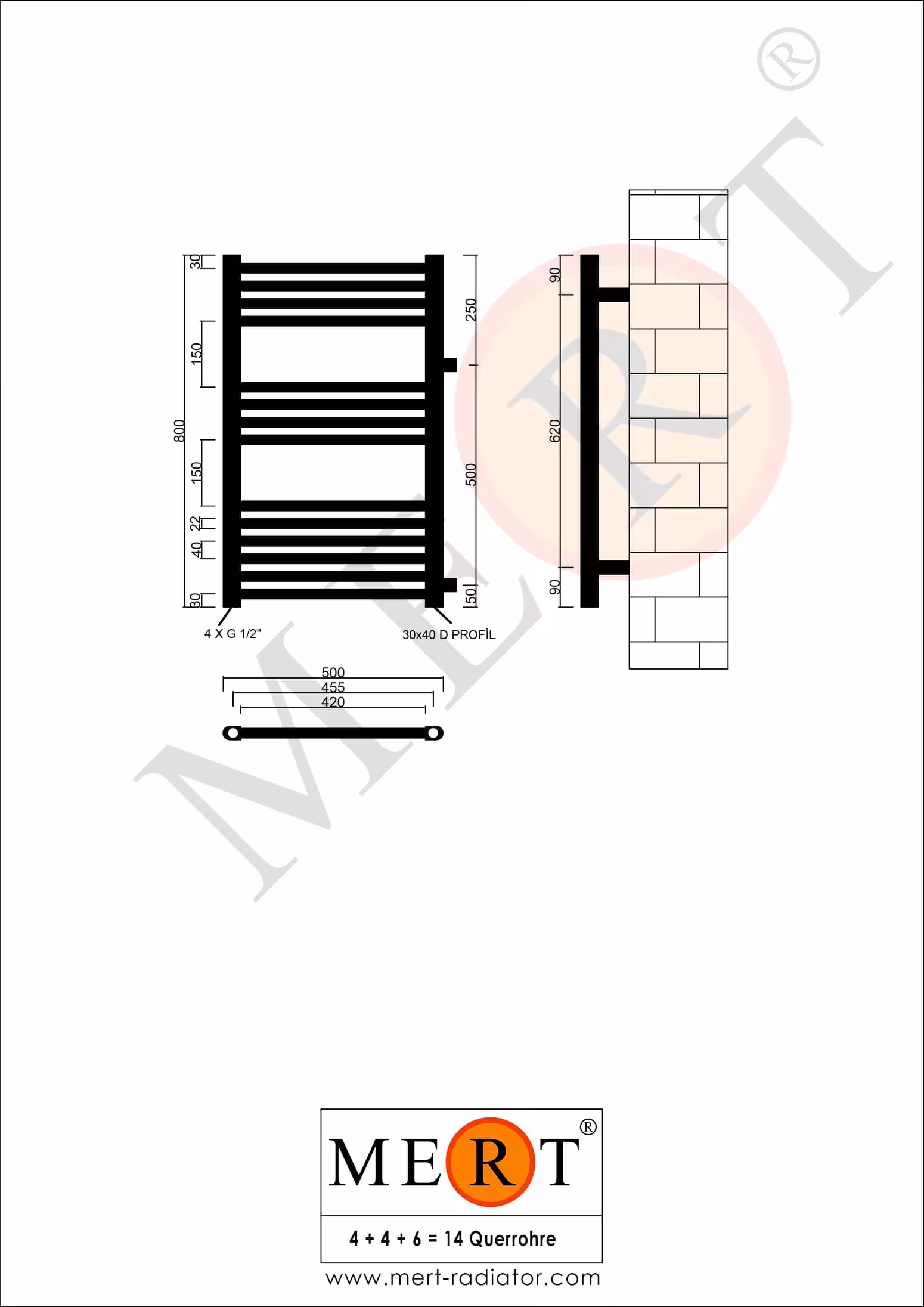 Radiateur de salle de bain de remplacement MERT blanc droit, 500*800 mm, raccordement sur le côté 500 mm de MERT avec le numéro d'article. 1-50x080-ASR-50