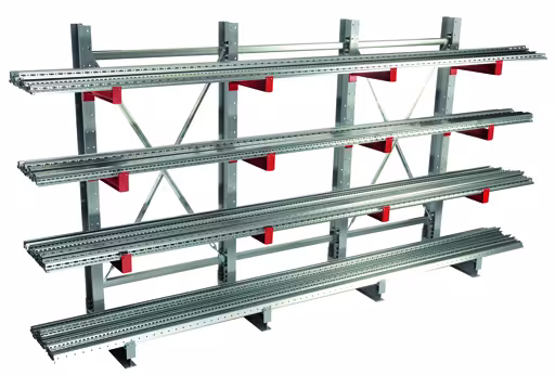 Scaffale completo K 3000, bifacciale, 2500 x 5200 x 500 mm, RAL 7001 / RAL 3000, 5 livelli di stoccaggio della categoria K3000 per merci medio-pesanti con GTIN 4058255001521 Scaffale completo K 3000, bifacciale, 2500 x 5200 x 500 mm, RAL 7001 / RAL 3000, 5 livelli di stoccaggio della marca Schulte Lagertechnik dal programma di scaffalature cantilever