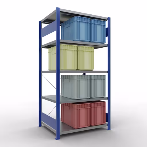 Andere Ansicht des Artikels Grundregal, Fachbodenregal Stecksystem MULTIplus250, 2000 x 1000 x 800 mm (HxBxT), 5 Fachböden, Kreuzstrebe, RAL 5010 enzianblau/verzinkt Andere Ansicht des Artikels Grundregal, Fachbodenregal Stecksystem MULTIplus250, 2000 x 1000 x 800 mm (HxBxT), 5 Fachböden, Kreuzstrebe, RAL 5010 enzianblau/verzinkt aus der Kategorie Stecksystem