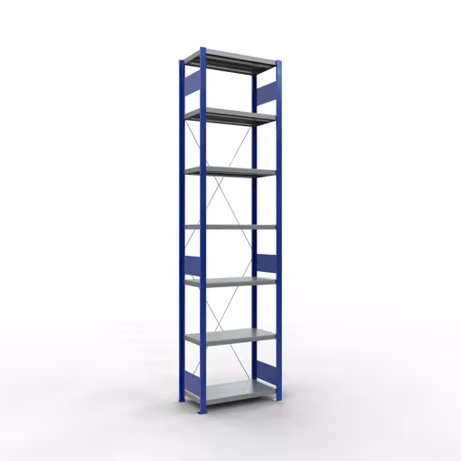 Étagère de base, étagère, système enfichable MULTIplus250, 3000 x 750 x 400 mm (HxLxP), 7 étagères, traverse, RAL 5010 bleu gentiane/galvanisé/galvanisé de Schulte Lagertechnik Étagère de base, étagère, système enfichable MULTIplus250, 3000 x 750 x 400 mm (HxLxP), 7 étagères, traverse, RAL 5010 bleu gentiane/galvanisé/galvanisé, étagère de base, réf. 12942-75-B