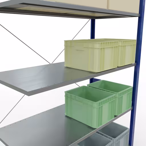 Rayonnage supplémentaire, étagère, système enfichable MULTIplus150, 3000 x 1300 x 600 mm (HxLxP), 7 étagères, traverse, RAL 5010 bleu gentiane/galvanisé de la catégorie des étagères supplémentaires avec le GTIN 4004514281142 Rayonnage supplémentaire, étagère, système enfichable MULTIplus150, 3000 x 1300 x 600 mm, 7 étagères, RAL 5010 bleu gentiane/galvanisé de la marque Schulte Lagertechnik de la gamme de produits du système enfichable