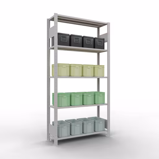 Scaffale base, scaffale, sistema a innesto MULTIplus85, 2000 x 1000 x 300 mm (AxLxP), 5 ripiani, barre longitudinali, RAL 7035 grigio chiaro della marca Schulte Lagertechnik dalla gamma dei sistemi a innesto