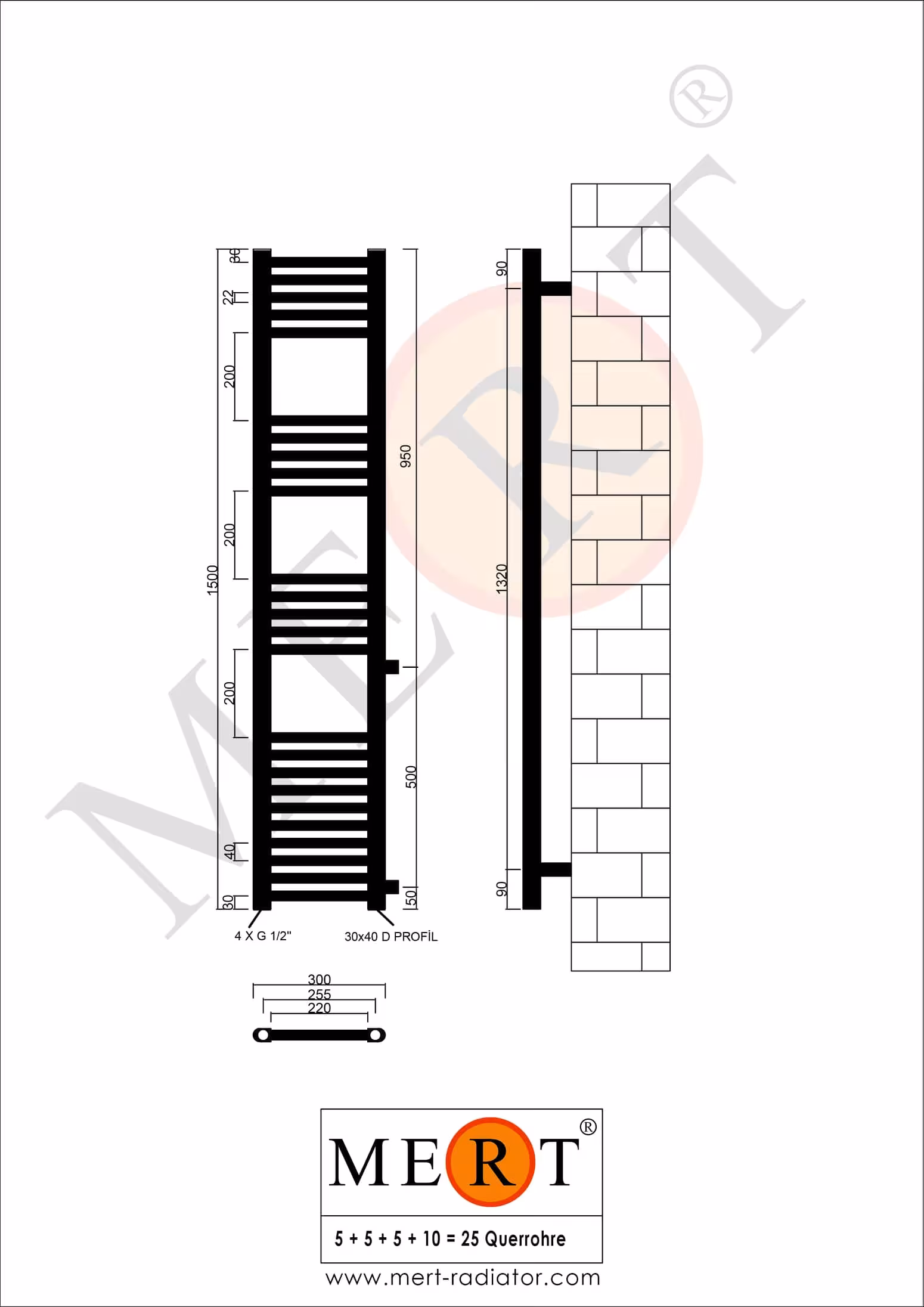 Radiateur de salle de bain de remplacement MERT blanc droit, 300*1500 mm, raccordement sur le côté 500 mm de MERT avec réf. 1-30x150-ASR-50