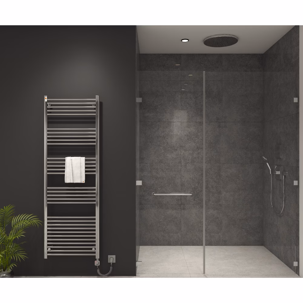 Radiatore elettrico MERT per bagno, cromato, diritto, 600x1200 mm con centralina MERT KMX1 con elemento riscaldante da 400 watt