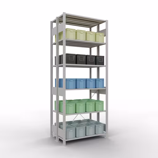 Étagère de base, étagère double, système d'étagères MULTIplus150, 2500 x 1000 x (2x300) mm, 2x6 étagères, traverse, RAL 7035 gris clair de la catégorie étagères doubles avec le GTIN 4004514208347 Étagère de base, étagère double, système d'étagères MULTIplus150, 2500 x 1000 x (2x300) mm, 2x6 étagères, gris clair RAL 7035 de Schulte Lagertechnik de la gamme d'étagères