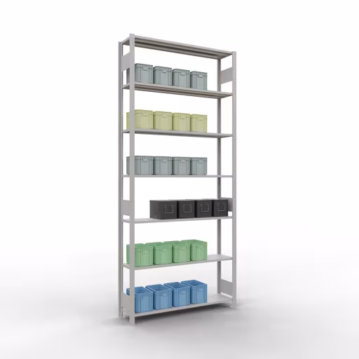 Étagère de base, étagère à étagères, système enfichable MULTIplus150, 3000 x 1300 x 300 mm, 7 étagères, barres de longueur, RAL 7035 gris clair avec le numéro d'article. 32632-130-LR Étagère de base, étagère, système enfichable MULTIplus150, 3000 x 1300 x 300 mm, 7 étagères, RAL 7035 gris clair de Schulte Lagertechnik de la catégorie système enfichable