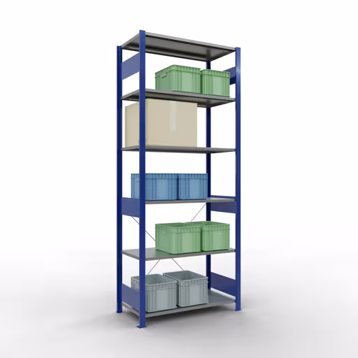Représentation supplémentaire de l'article étagère de base, étagère à étagères, système enfichable MULTIplus150, 2500 x 1000 x 500 mm, 6 étagères, RAL 5010/galvanisé à partir de l'étagère de base
