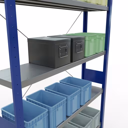 Image du produit n° 14 de l'article étagère de base, étagère, système enfichable MULTIplus250, 3000 x 1300 x 300 mm, 7 étagères, traverse, RAL 5010 bleu gentiane/galvanisé Figure n° 14 de l'article étagère de base, étagère, système enfichable MULTIplus250, 3000 x 1300 x 300 mm, 7 étagères, RAL 5010 bleu gentiane/galvanisé du groupe de produits système enfichable de Schulte Lagertechnik