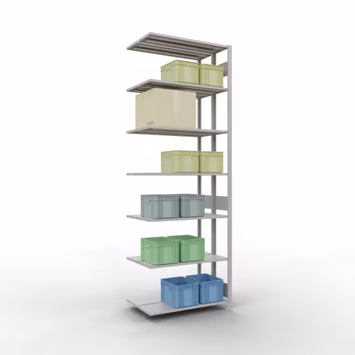 Rayonnage supplémentaire, rayonnage double, système d'étagères MULTIplus150, 3000 x 1000 x (2x300) mm (HxLxP), 2x7 tablettes, barres de longueur, RAL 7035 gris clair avec le numéro d'article. 33137 Étagère supplémentaire, étagère double, système d'étagères MULTIplus150, 3000 x 1000 x (2x300) mm, 2x7 étagères, gris clair RAL 7035 de Schulte Lagertechnik de la catégorie étagères