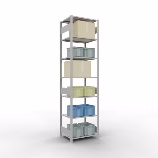 Scaffale base, scaffale, sistema a innesto MULTIplus150, 3000 x 750 x 600 mm (AxLxP), 7 ripiani, barre longitudinali, RAL 7035 grigio chiaro di Schulte Lagertechnik della categoria Sistemi a innesto