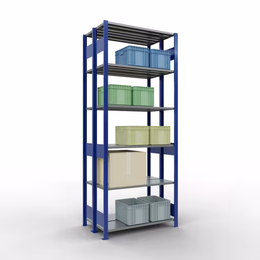 Scaffale base, scaffale doppio, sistema di scaffali MULTIplus150, 2500 x 1000 x (2x300) mm (AxLxP), 2x6 ripiani, barre longitudinali, RAL 5010 blu genziana di Schulte Lagertechnik dalla categoria scaffali