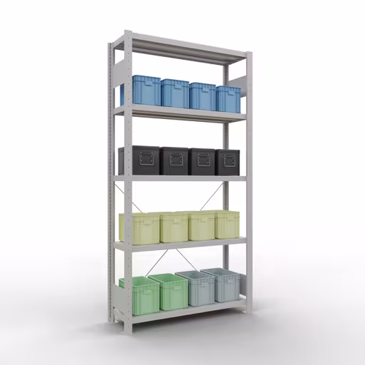 Scaffale base, scaffale, sistema a innesto MULTIplus330, 2000 x 1000 x 300 mm (AxLxP), 5 ripiani, traversa, RAL 7035 grigio chiaro della marca Schulte Lagertechnik della gamma sistemi a innesto