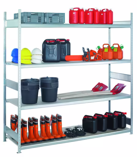 Image du produit n° 14 de l'article étagère de base, étagère à grande portée WS 2000 avec panneaux de particules, 2500 x 2500 x 800 mm, galvanisée, 4 niveaux, charge par compartiment 400 kg, charge par travée 1.600 kg Figure n° 14 de l'article, rayonnage à grande portée WS 2000 avec panneaux de particules, 2500 x 2500 x 800 mm, galvanisé, 4 niveaux, charge par compartiment 400 kg, du groupe de produits rayonnages à grande portée de Schulte Lagertechnik