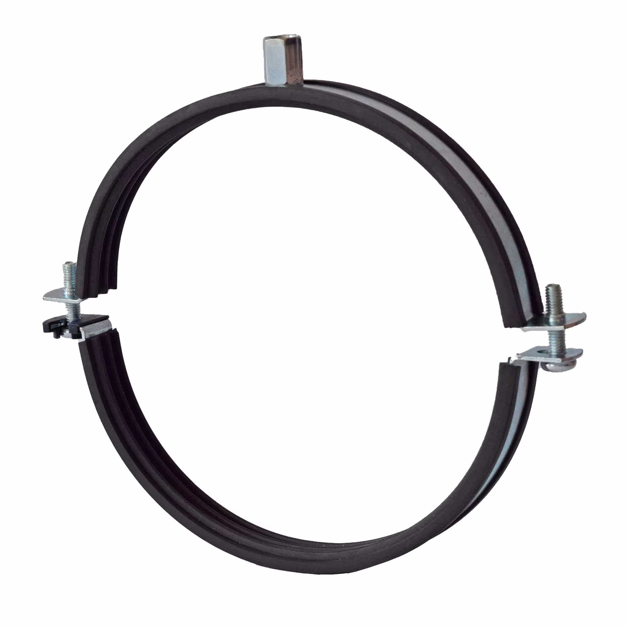 Fascetta di ventilazione a rilascio rapido con inserto insonorizzante EPDM e filettatura combinata M8/10 per tubo di ventilazione DN80 acciaio zincato di Fixotec Fascette di ventilazione Fixotec con sgancio rapido, fascette di ventilazione, articolo n. 202005