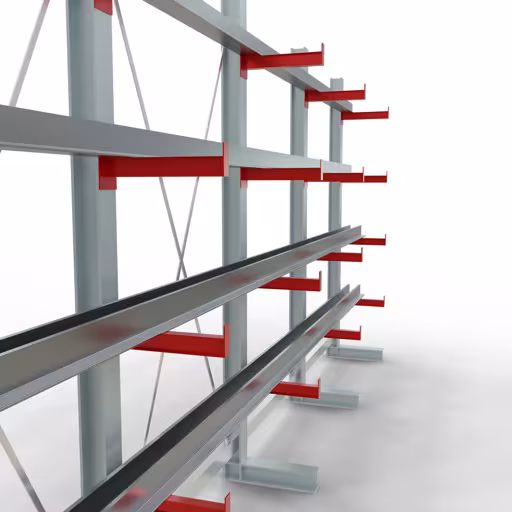 Étagère complète K 3000, unilatérale, 2500 x 5200 x 400 mm, RAL 7001 / RAL 3000, 5 niveaux de stockage de la catégorie K3000 pour marchandises moyennement lourdes avec le GTIN 4058255001361 Étagère complète K 3000, unilatérale, 2500 x 5200 x 400 mm, RAL 7001 / RAL 3000, 5 niveaux de stockage de Schulte Lagertechnik de la gamme de rayonnages cantilever