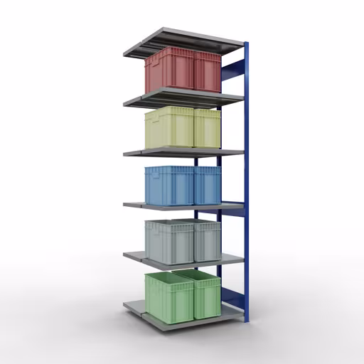 Image supplémentaire de l'article Tablette supplémentaire, tablette double, système d'étagères enfichables MULTIplus250, 3000 x 1000 x (2x500) mm, 2x7 tablettes, barres de longueur, RAL 5010 bleu gentiane Image supplémentaire de l'article, étagère double, système d'étagères MULTIplus250, 3000 x 1000 x (2x500) mm, 2x7 étagères, RAL 5010 bleu gentiane à partir d'étagères doubles