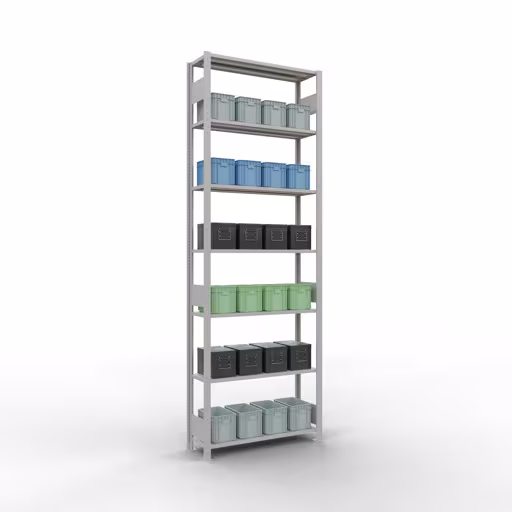 Produktbild Nr 13 des Artikels Grundregal, Fachbodenregal Stecksystem MULTIplus85, 3000 x 1000 x 300 mm (HxBxT), 7 Fachböden, Längenriegel, RAL 7035 lichtgrau Abbildung Nr 13 des Artikels Grundregal, Fachbodenregal Stecksystem MULTIplus85, 3000 x 1000 x 300 mm (HxBxT), 7 Fachböden, Längenriegel, RAL 7035 lichtgrau aus der Produktgruppe Stecksystem von der Marke Schulte Lagertechnik