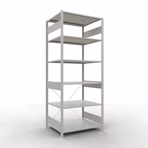 Ripiano base, ripiano, sistema a innesto MULTIplus150, 2500 x 1000 x 800 mm (AxLxP), 6 ripiani, traversa, RAL 7035 grigio chiaro, ripiano base, articolo n. 32681