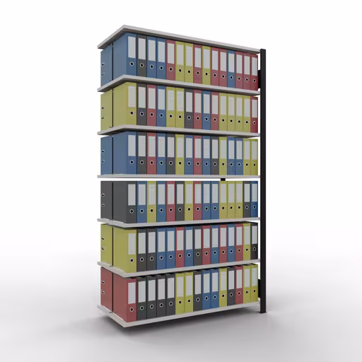 Scaffale sovrapponibile, scaffale per ufficio, sistema a innesto MULTIplus150, 2300 x 1300 x 600 mm (AxLxP), 7 ripiani, barre longitudinali, con fermo centrale, nero/grigio chiaro della marca Schulte Lagertechnik della gamma scaffali per ufficio