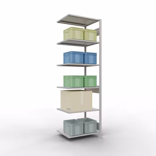 Étagère supplémentaire, étagère, système enfichable MULTIplus150, 2500 x 750 x 600 mm (HxLxP), 6 étagères, barres de longueur, RAL 7035 gris clair avec le GTIN 4004514293343 Rayonnage supplémentaire, étagère, système enfichable MULTIplus150, 2500 x 750 x 600 mm, 6 étagères, gris clair RAL 7035 de Schulte Lagertechnik avec le réf. 32666-75-LR