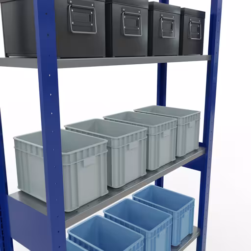 Étagère de base, étagère, système enfichable MULTIplus150, 2500 x 1000 x 300 mm, 6 étagères, barres de longueur, RAL 5010 bleu gentiane/galvanisé de la catégorie d'étagères de base avec le GTIN 4004514279569 Étagère de base, étagère, système enfichable MULTIplus150, 2500 x 1000 x 300 mm, 6 étagères, RAL 5010 bleu gentiane/galvanisé de Schulte Lagertechnik de la gamme de produits du système enfichable