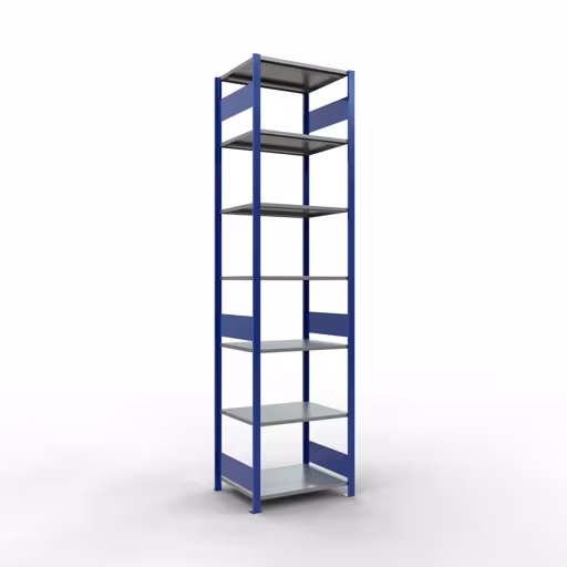 Représentation supplémentaire de l'article étagère de base, étagère à étagères, système enfichable MULTIplus150, 3000 x 750 x 600 mm, 7 étagères, RAL 5010 bleu gentiane/galvanisé/galvanisé à partir de l'étagère de base