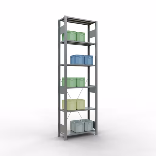 Une autre vue de l'article Etagère Basic, étagère, système enfichable MULTIplus150, 2500 x 750 x 300 mm (HxLxP), 6 étagères, traverse, galvanisée Une autre vue de l'article Etagère Basic, étagère système enfichable MULTIplus150, 2500 x 750 x 300 mm, 6 étagères, galvanisée de la catégorie système enfichable