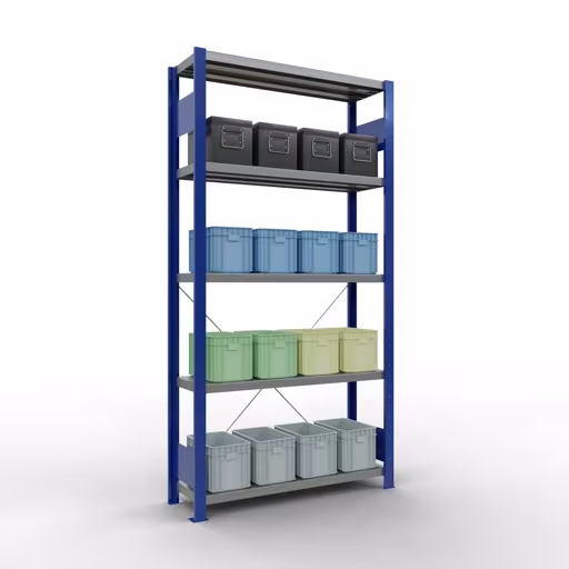 Scaffale base, scaffale, sistema a innesto MULTIplus250, 2000 x 1000 x 300 mm (AxLxP), 5 ripiani, traversa, RAL 5010 blu genziana/zincato della marca Schulte Lagertechnik della gamma sistemi a innesto