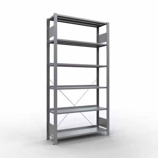 Scaffale base, scaffale per ufficio, sistema a innesto MULTIplus85, 2000 x 1000 x 300 mm (AxLxP), 6 ripiani, traversa, zincato, con listello di arresto, sistema a innesto, articolo n. 17707