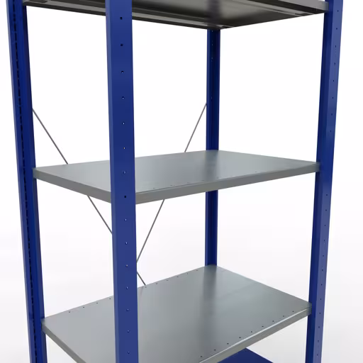 Grundregal, Fachbodenregal Stecksystem MULTIplus150, 2000 x 750 x 500 mm (HxBxT), 5 Fachböden, Kreuzstrebe, RAL 5010 enzianblau/verzinkt/verzinkt mit der GTIN 4004514280336 Grundregal, Fachbodenregal Stecksystem MULTIplus150, 2000 x 750 x 500 mm (HxBxT), 5 Fachböden, Kreuzstrebe, RAL 5010 enzianblau/verzinkt/verzinkt von Schulte Lagertechnik mit der Artikelnr. 12750-75-B