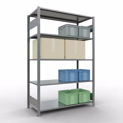 Représentation supplémentaire de l'article étagère de base, étagère à étagères, système enfichable MULTIplus150, 2000 x 1300 x 600 mm, 5 étagères, galvanisé à partir de l'étagère de base